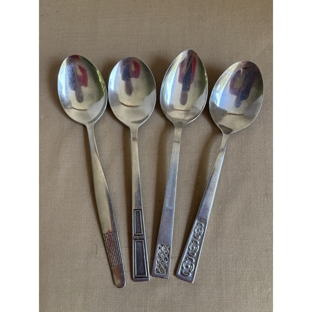 Vintage Rostfritt STAL Sweden Stainless Soup Tablespoons Set Of 4 Mixed Patterns - Picture 3 of 4